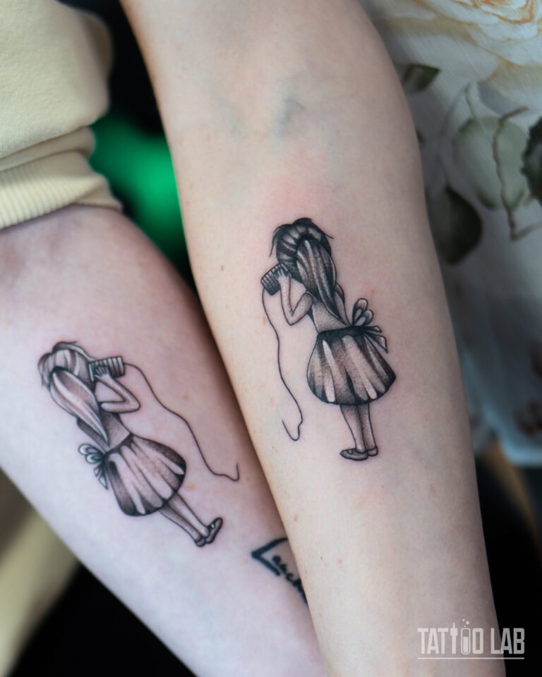 Matching forearm tattoos of two girls on a tin can phone, black and grey friendship tattoos with soft shading