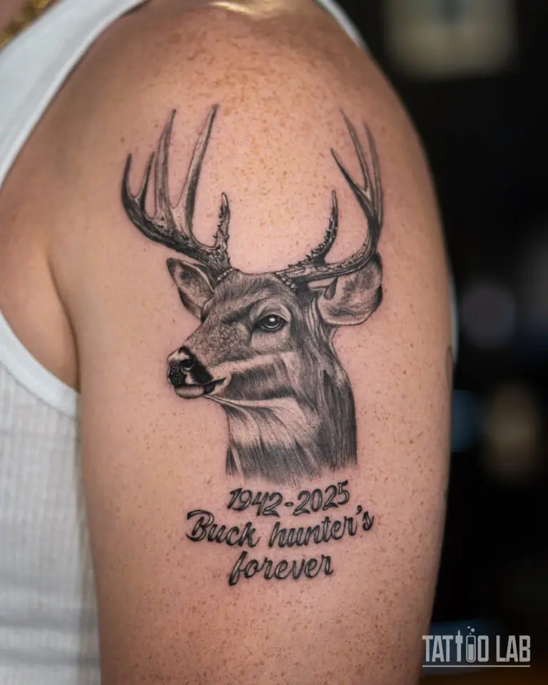 Black and grey realistic deer head memorial tattoo with antlers and script lettering on the upper arm