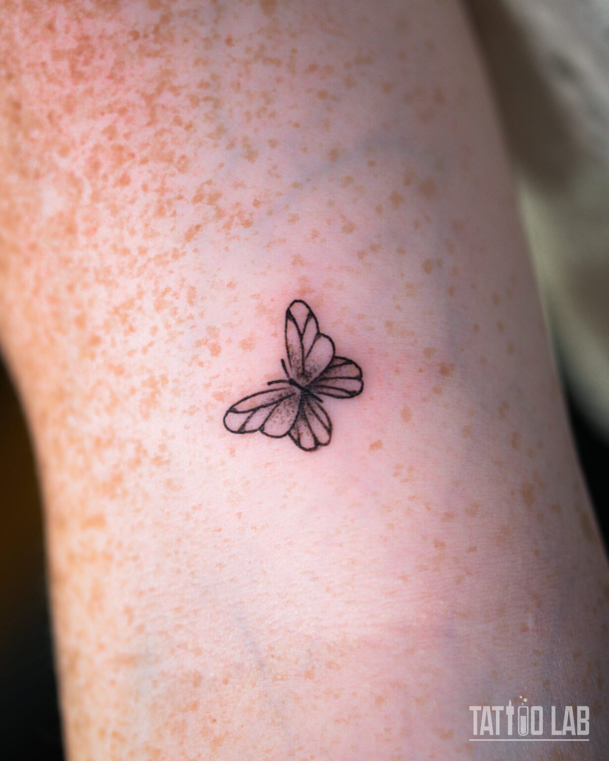 Small fine line butterfly tattoo with soft shading on the wings, a delicate minimalist design, Tattoo Lab, Halifax