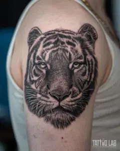 Black and grey realism tiger head tattoo on the shoulder with detailed fur and eye shading