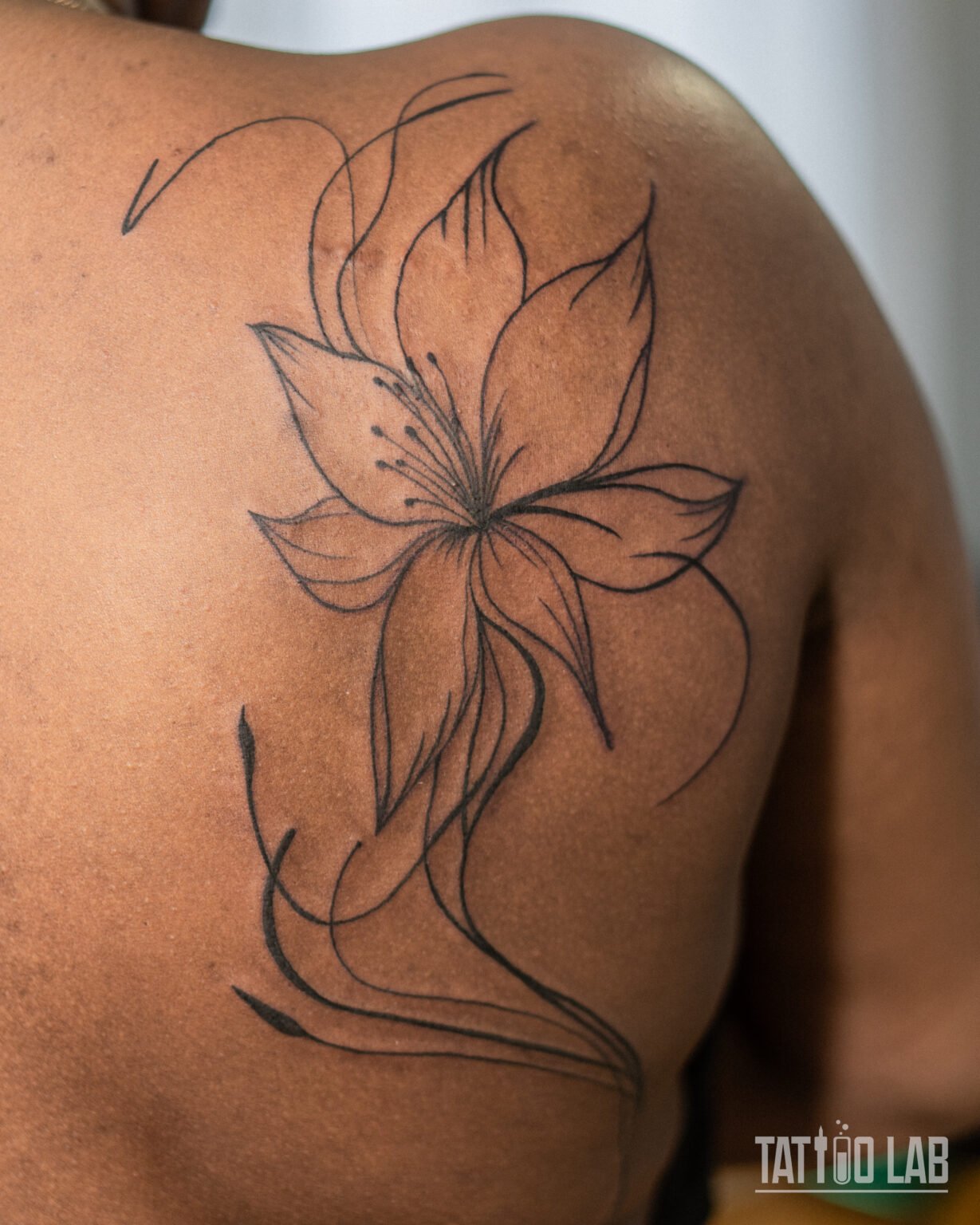 Fine line flowing flower tattoo with long sweeping stems across the shoulder blade, Tattoo Lab, Halifax