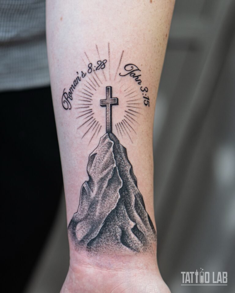 Black and grey tattoo of a cross on a mountain peak with light rays and Bible verse references on the inner forearm