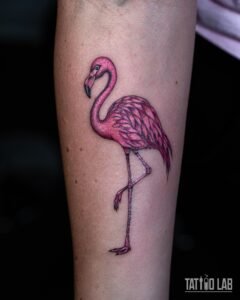 Pink flamingo tattoo in colour with fine black feather outlines, standing on one leg on the forearm