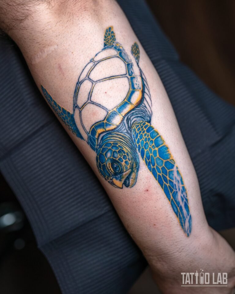 Colour sea turtle forearm tattoo in progress, head and flippers coloured and the shell still in outline