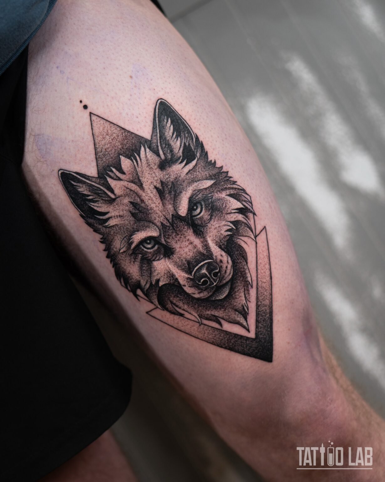 Dotwork wolf head tattoo inside a geometric triangle frame on the back of the upper arm, Tattoo Lab, Halifax