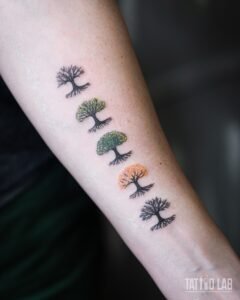 Fine line tattoo of five small rooted trees in seasonal colours running down the inner forearm