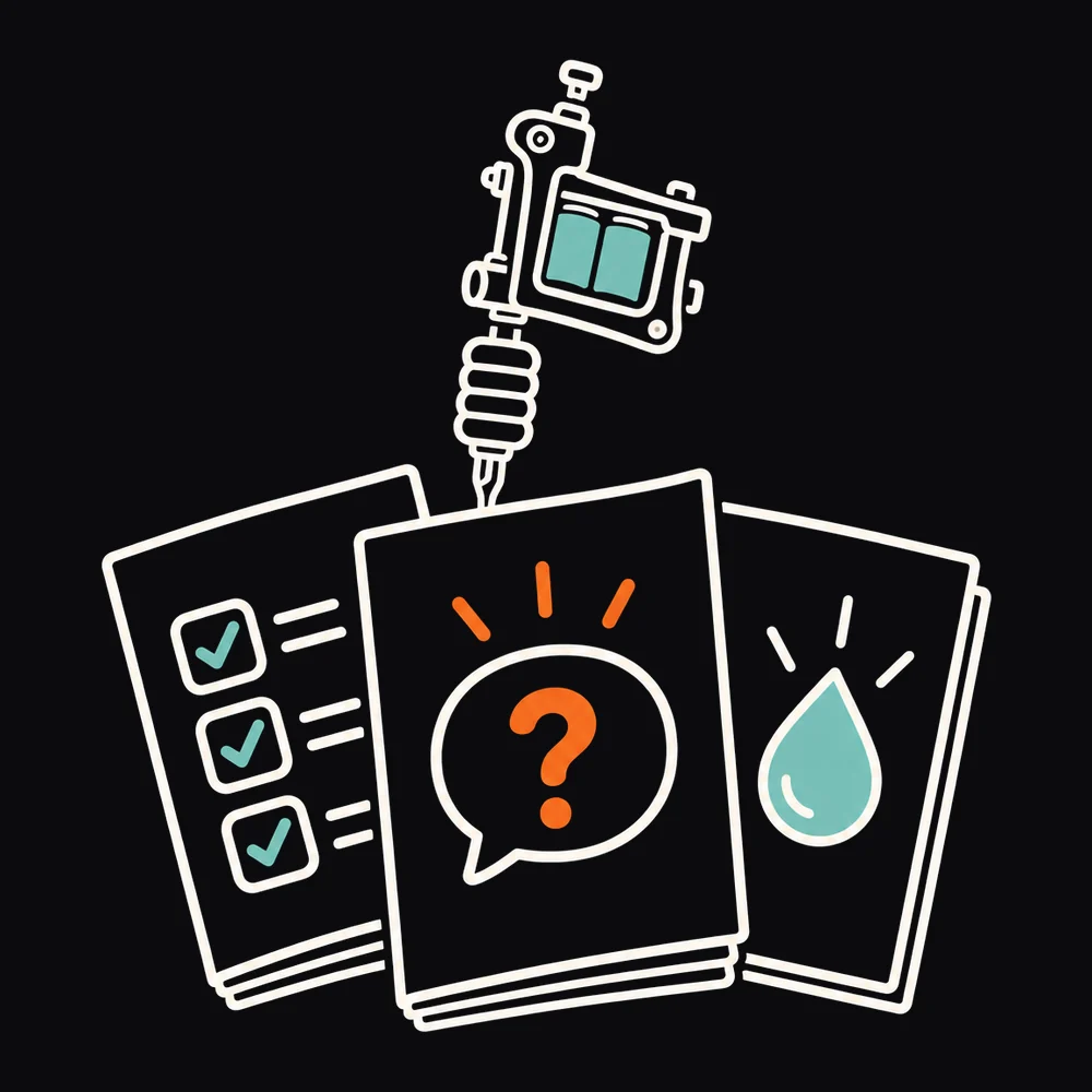 Line illustration of a stack of leaflets with a tattoo machine standing behind them