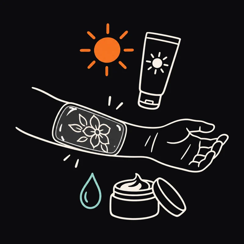 Line illustration of a forearm under second skin with sun cream, a water drop and a tub of unscented cream