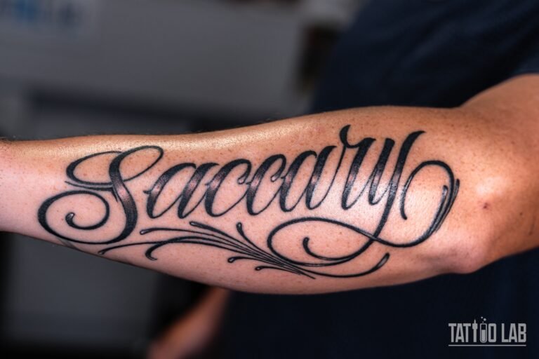Side view of an ornate black script lettering tattoo with flourishes along the extended forearm