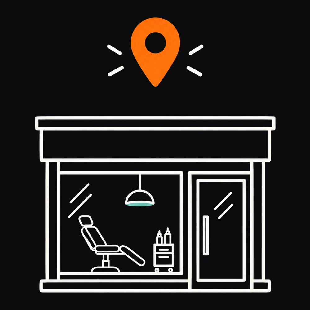 Line illustration of a tattoo studio storefront with a map pin above it