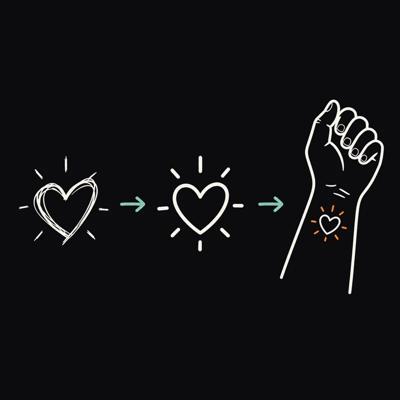 Line illustration of a sketch becoming a clean drawing and then a tattoo on skin