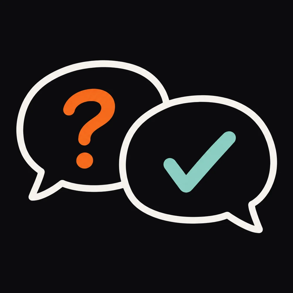 Line illustration of two speech bubbles, one holding a question mark and one a tick