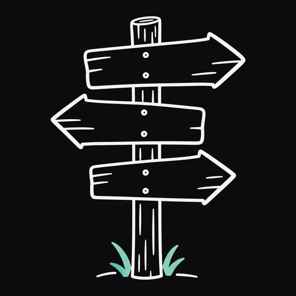 Line illustration of a wooden signpost with arrows pointing in three directions