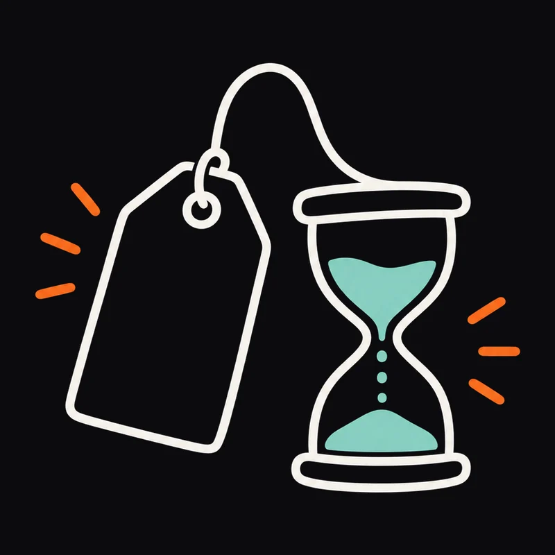 Line illustration of a price tag beside an hourglass